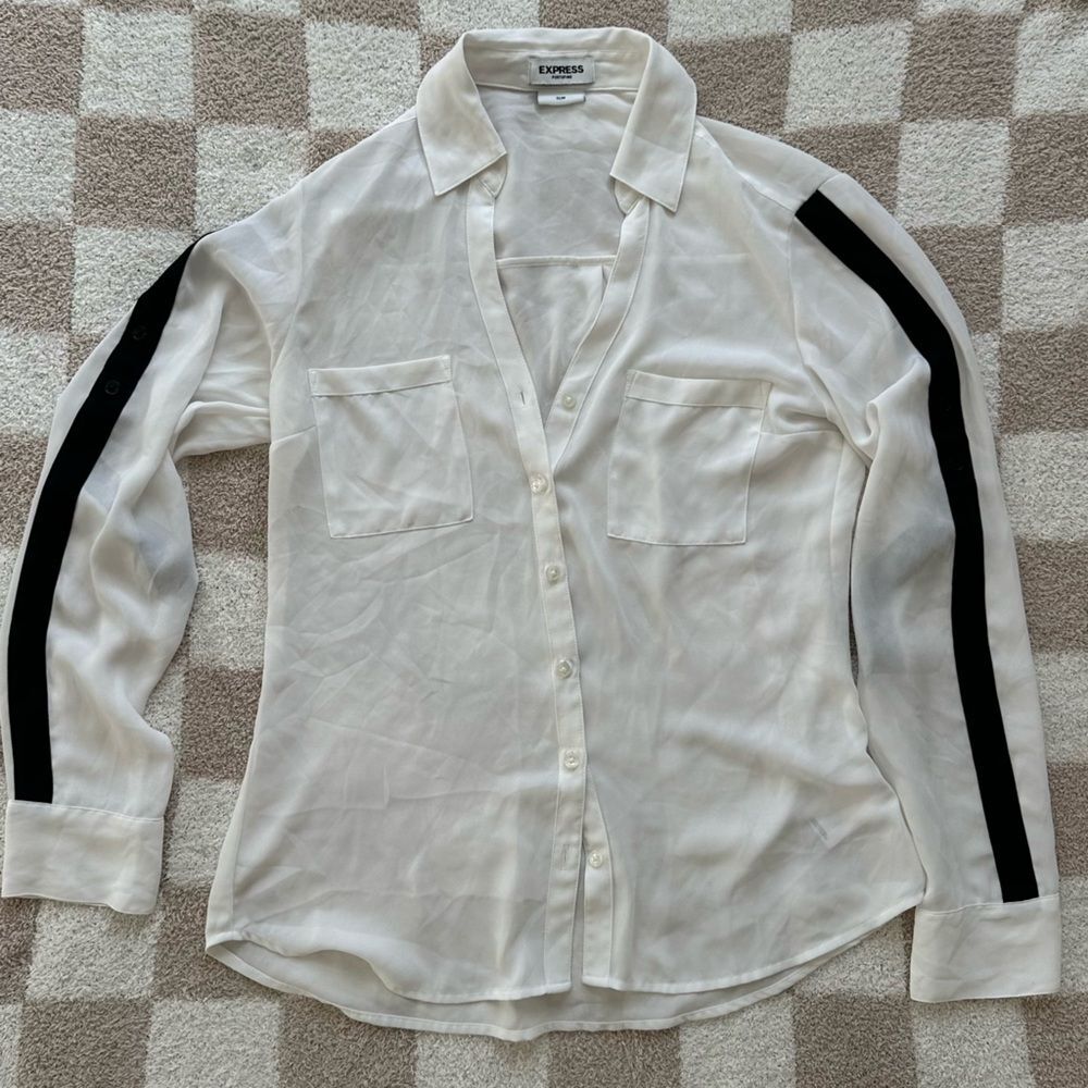 Express Portofino White Button Down Blouse Black Accents Long Sleeve